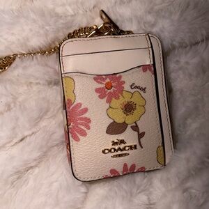 Coach Cream Floral Card Holder with Gold Chain